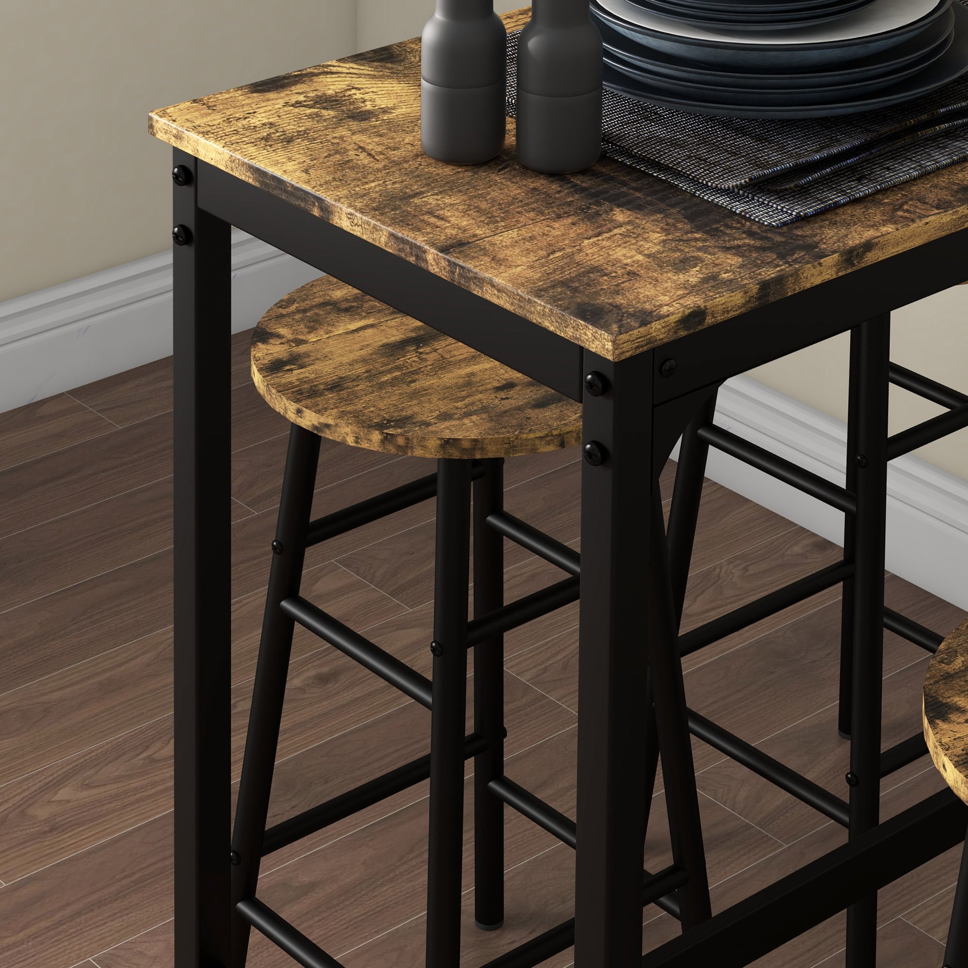 Rectangular Table Set for 4 with Chairs, 4 Footstools in MDF and Steel, Footstools Ø30x60 cm and Rectangular Table 105x40x90 cm, Black and Rustic Brown