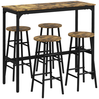 Rectangular Table Set for 4 with Chairs, 4 Footstools in MDF and Steel, Footstools Ø30x60 cm and Rectangular Table 105x40x90 cm, Black and Rustic Brown