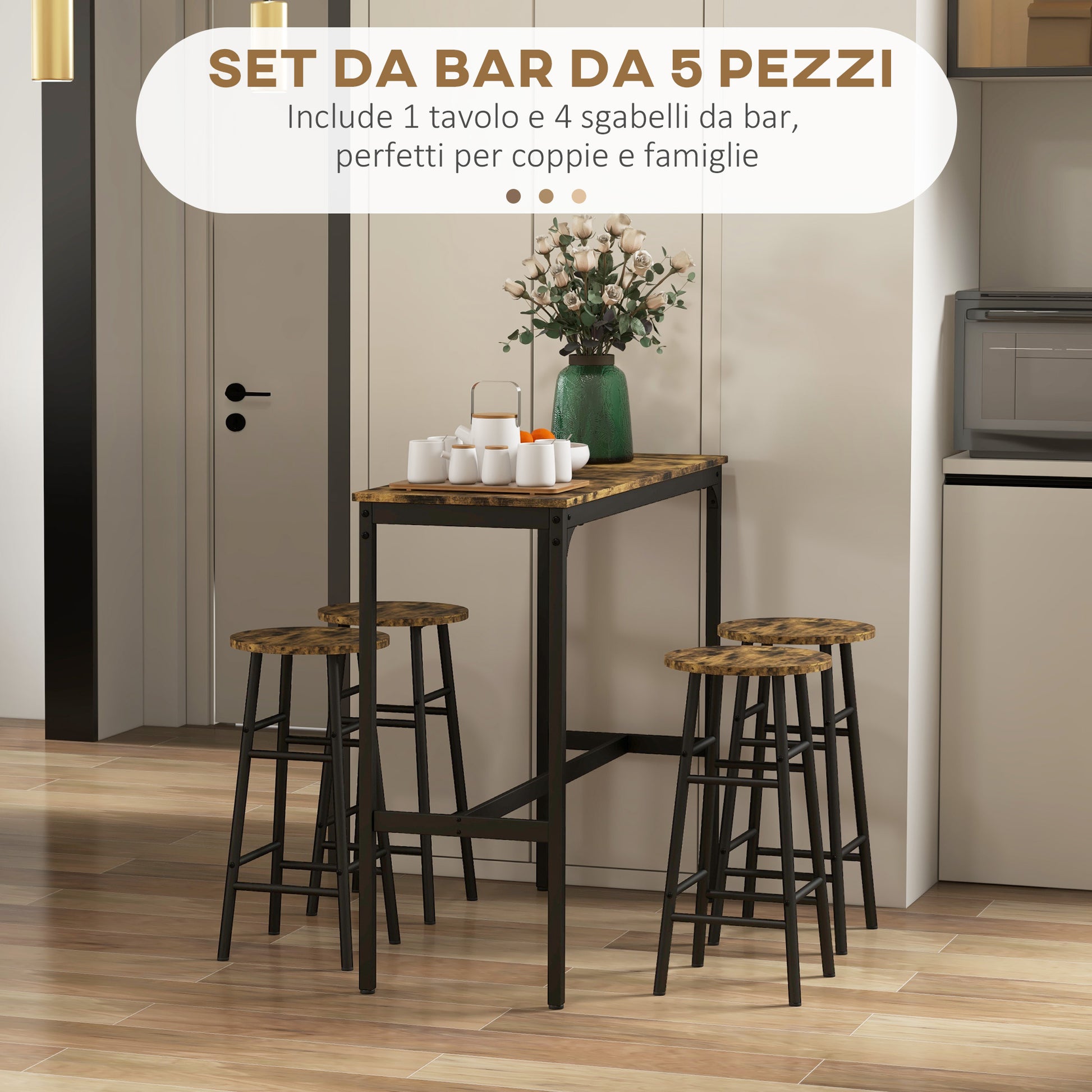 Rectangular Table Set for 4 with Chairs, 4 Footstools in MDF and Steel, Footstools Ø30x60 cm and Rectangular Table 105x40x90 cm, Black and Rustic Brown