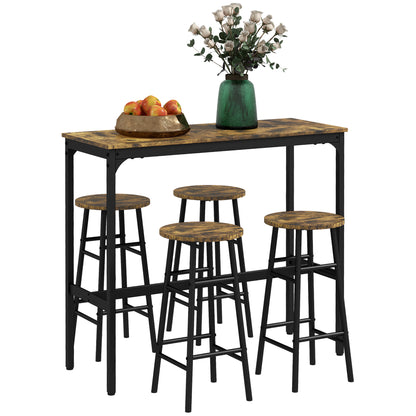 Rectangular Table Set for 4 with Chairs, 4 Footstools in MDF and Steel, Footstools Ø30x60 cm and Rectangular Table 105x40x90 cm, Black and Rustic Brown