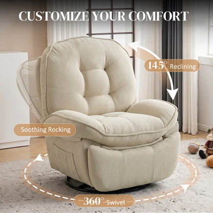 360° Swivel Recliner Chair — Manual Chenille Recliner with Footrest, High Back, Wide Seat & Side Pockets, Cream White