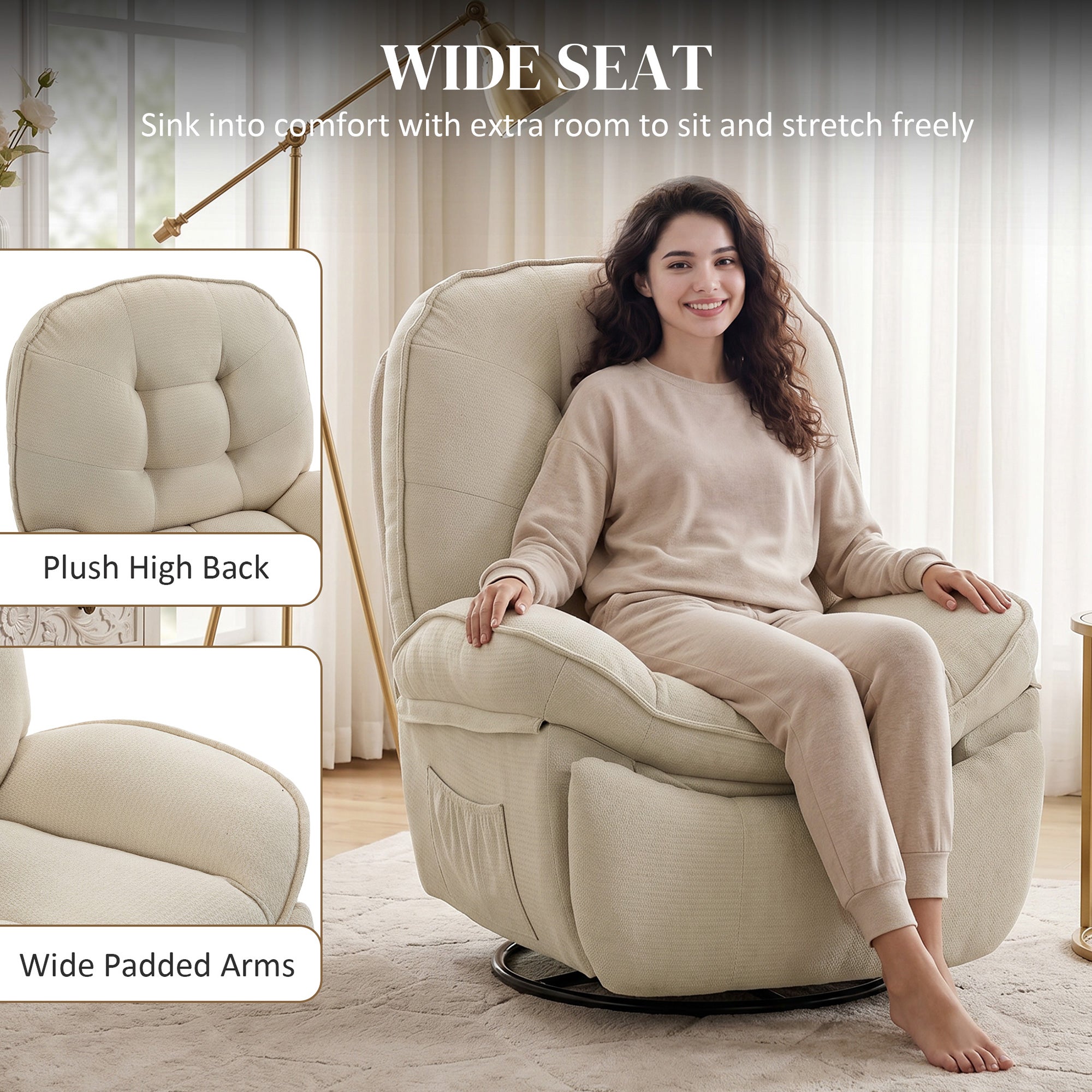 360° Swivel Recliner Chair — Manual Chenille Recliner with Footrest, High Back, Wide Seat & Side Pockets, Cream White