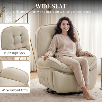 360° Swivel Recliner Chair — Manual Chenille Recliner with Footrest, High Back, Wide Seat & Side Pockets, Cream White