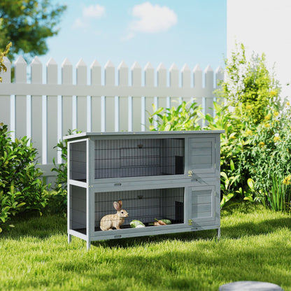 Wooden 2-Tier Rabbit Hutch with Asphalt Roof & Removable Tray, 136.4 x 50 x 93 cm (53.7 x 19.7 x 36.6 in) — Weatherproof Indoor/Outdoor Small Animal Cage, Gray
