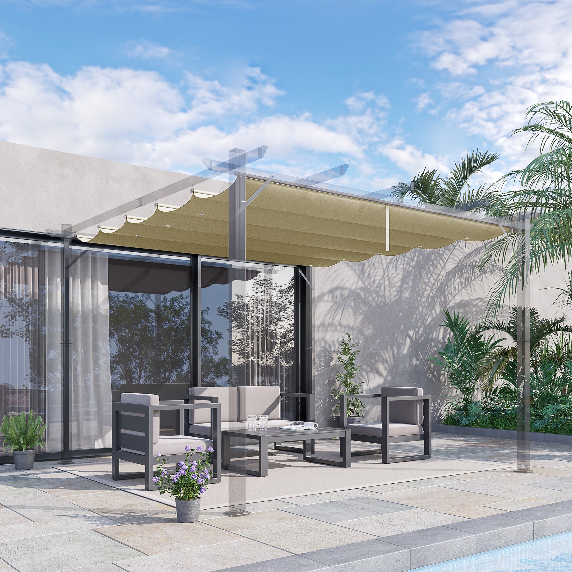 Replacement Canopy for 4 x 3 m Pergola, waterproof retractable wave canopy with rain drainage holes, winter-resistant shade cover for garden, terrace, Beige