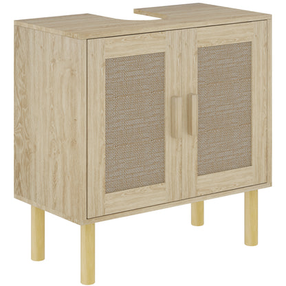 Bathroom Vanity Unit, Under Sink Storage, Rattan Doors, Bohemian Style, Pine Wood Legs, 2 Tiers, 60 x 30 x 60 cm, Oak