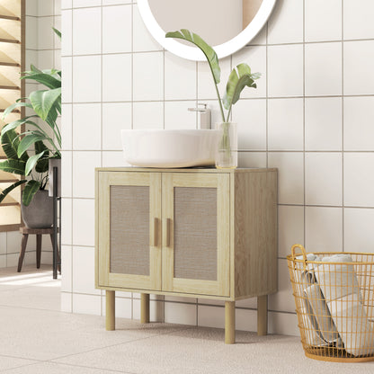 Bathroom Vanity Unit, Under Sink Storage, Rattan Doors, Bohemian Style, Pine Wood Legs, 2 Tiers, 60 x 30 x 60 cm, Oak