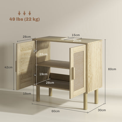 Bathroom Vanity Unit, Under Sink Storage, Rattan Doors, Bohemian Style, Pine Wood Legs, 2 Tiers, 60 x 30 x 60 cm, Oak