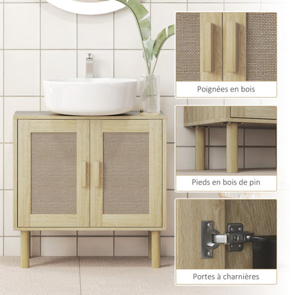 Bathroom Vanity Unit, Under Sink Storage, Rattan Doors, Bohemian Style, Pine Wood Legs, 2 Tiers, 60 x 30 x 60 cm, Oak