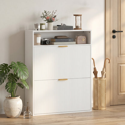 Slim Flip Shoe Cabinet — 2 Flip Compartments, Top Shelf, Holds 12–16 Pairs — White (31.5"x9.4"x40.4")