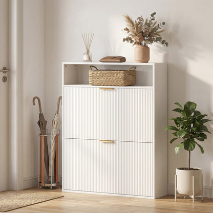Slim Flip Shoe Cabinet — 2 Flip Compartments, Top Shelf, Holds 12–16 Pairs — White (31.5"x9.4"x40.4")