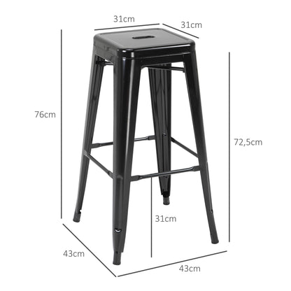 Set of 4 Stackable Bar Stools Industrial Bar Chairs with Footrest Seat Height 76 cm Black Metal