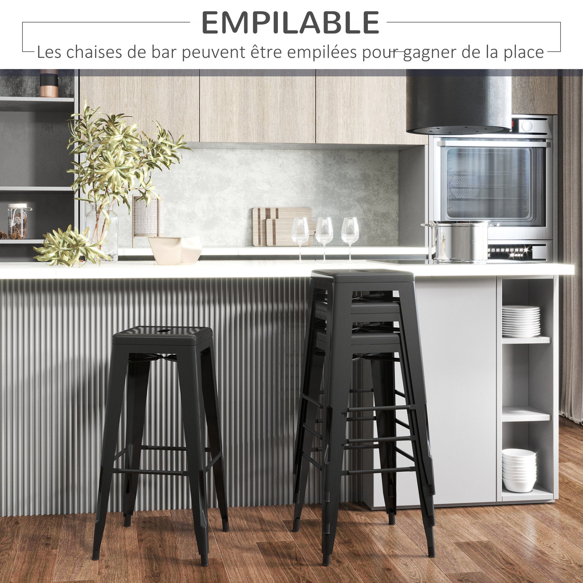 Set of 4 Stackable Bar Stools Industrial Bar Chairs with Footrest Seat Height 76 cm Black Metal