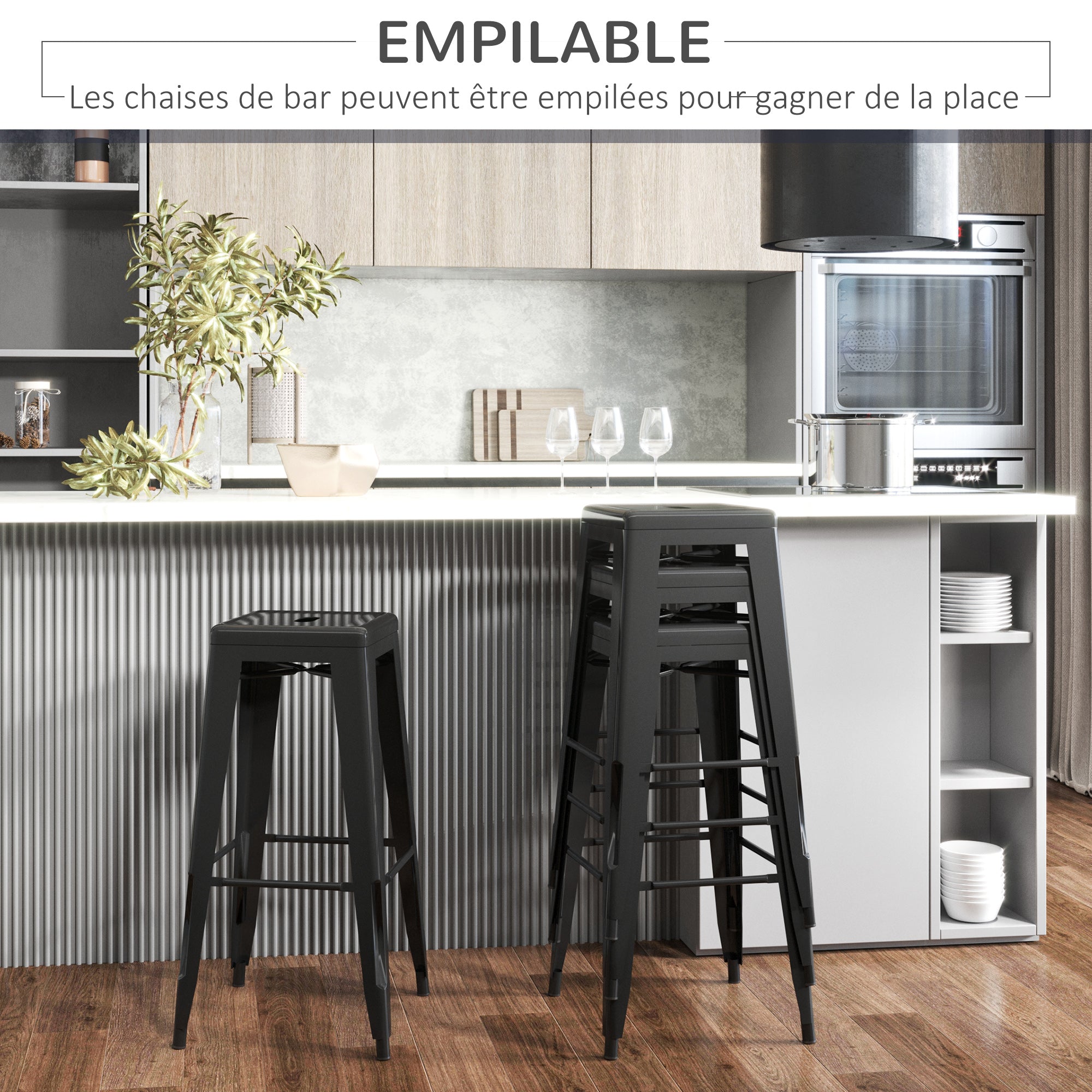 Set of 4 Stackable Bar Stools Industrial Bar Chairs with Footrest Seat Height 76 cm Black Metal