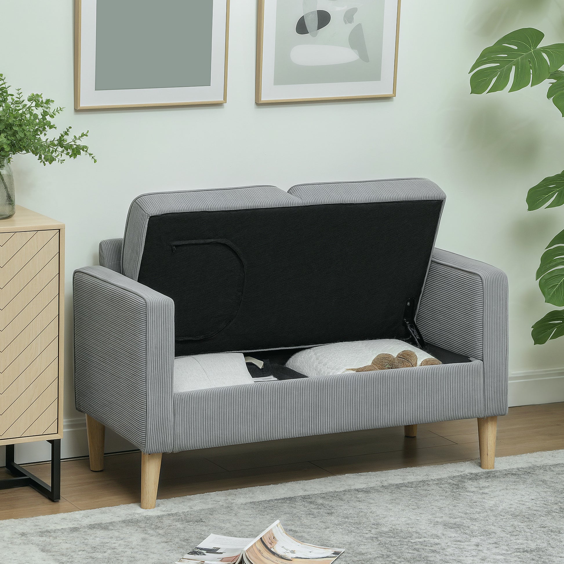 Sofa 2 Seater Small Couch with Armrest, Storage Space, Modern Upholstered Sofa with Corduroy Look, Wooden Legs, Pillows, Lounge Sofa for Living Room, Bedroom, 117 x 63 x 79 cm, Light Gray