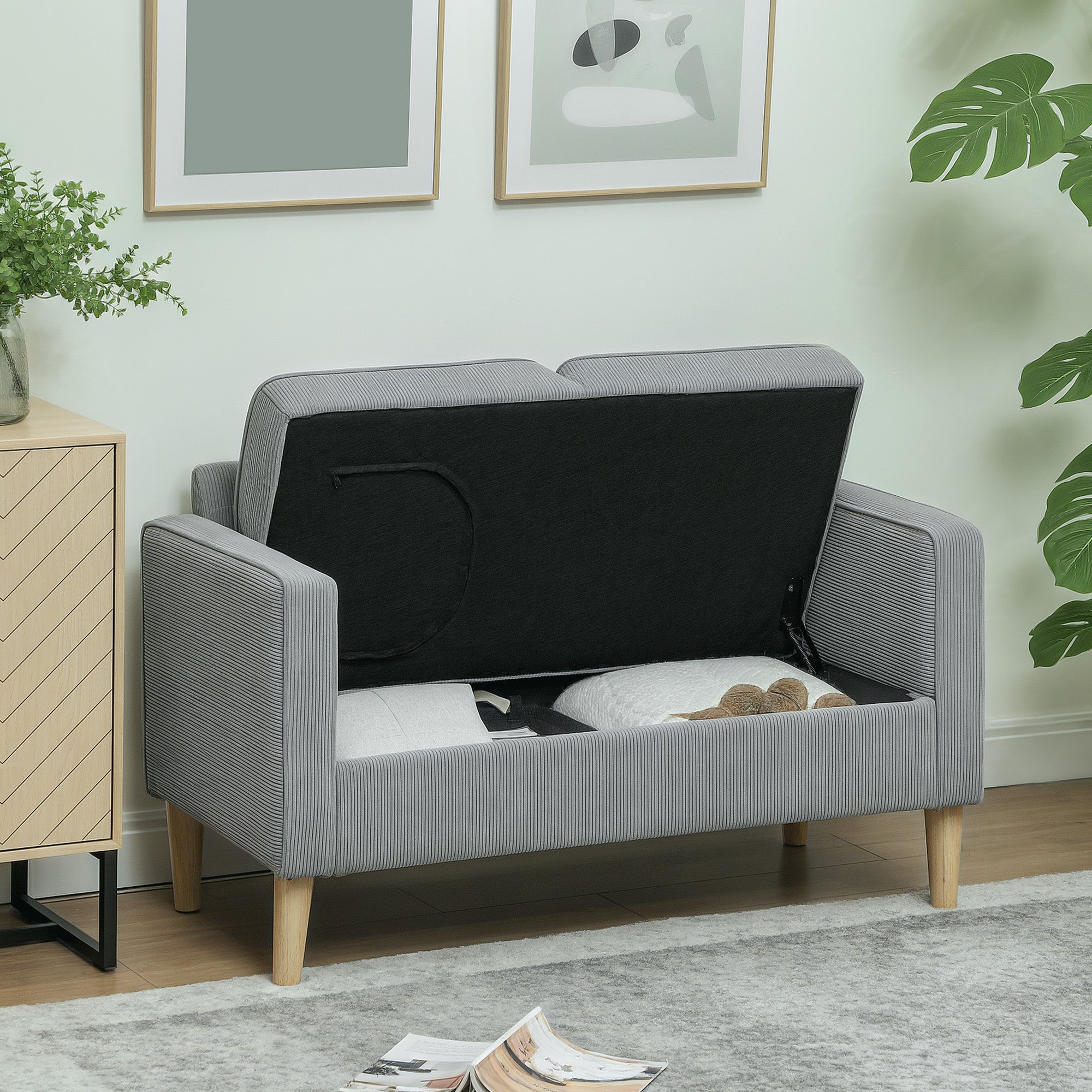 Sofa 2 Seater Small Couch with Armrest, Storage Space, Modern Upholstered Sofa with Corduroy Look, Wooden Legs, Pillows, Lounge Sofa for Living Room, Bedroom, 117 x 63 x 79 cm, Light Gray