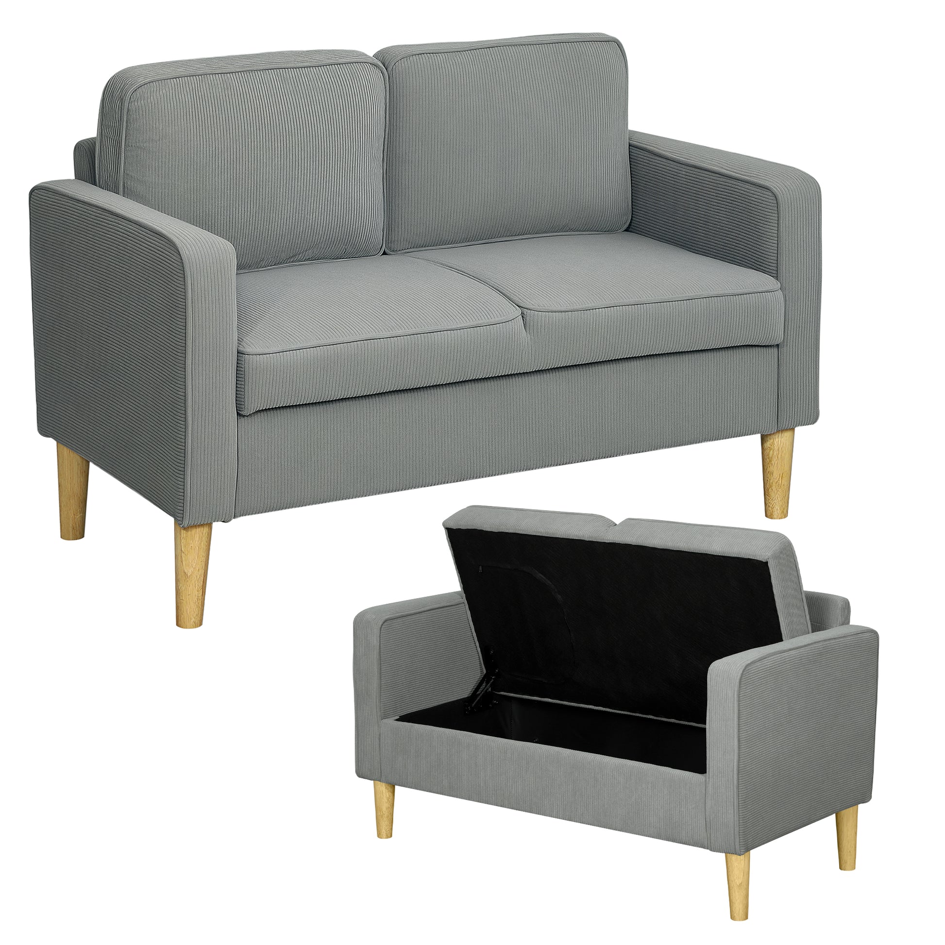 Sofa 2 Seater Small Couch with Armrest, Storage Space, Modern Upholstered Sofa with Corduroy Look, Wooden Legs, Pillows, Lounge Sofa for Living Room, Bedroom, 117 x 63 x 79 cm, Light Gray