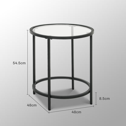 Side Table Round Coffee Table with Glass Tabletop, Metal Frame, End Table, Nightstand for Living Room, Bedroom, Black, Ø48 x 54.7 cm
