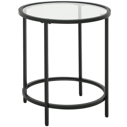 Side Table Round Coffee Table with Glass Tabletop, Metal Frame, End Table, Nightstand for Living Room, Bedroom, Black, Ø48 x 54.7 cm