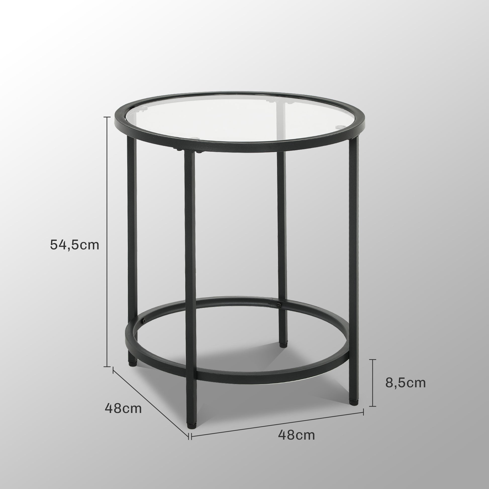 Side Table Round Coffee Table with Glass Tabletop, Metal Frame, End Table, Nightstand for Living Room, Bedroom, Black, Ø48 x 54.7 cm