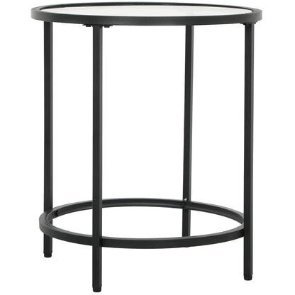 Side Table Round Coffee Table with Glass Tabletop, Metal Frame, End Table, Nightstand for Living Room, Bedroom, Black, Ø48 x 54.7 cm