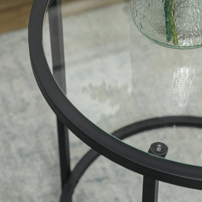 Side Table Round Coffee Table with Glass Tabletop, Metal Frame, End Table, Nightstand for Living Room, Bedroom, Black, Ø48 x 54.7 cm