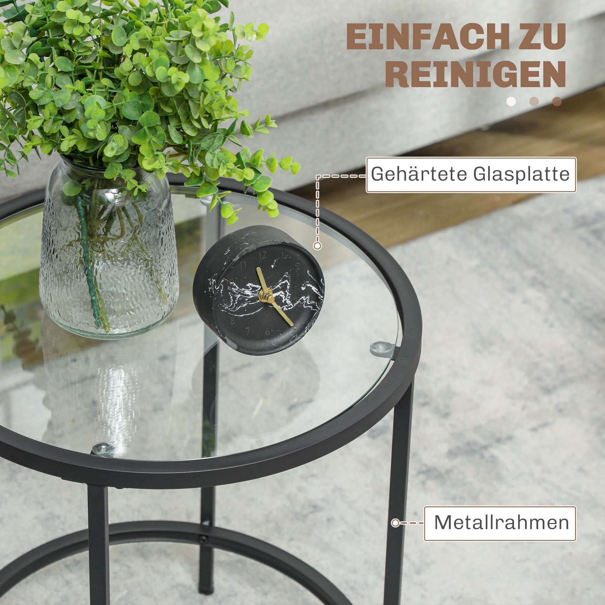 Side Table Round Coffee Table with Glass Tabletop, Metal Frame, End Table, Nightstand for Living Room, Bedroom, Black, Ø48 x 54.7 cm
