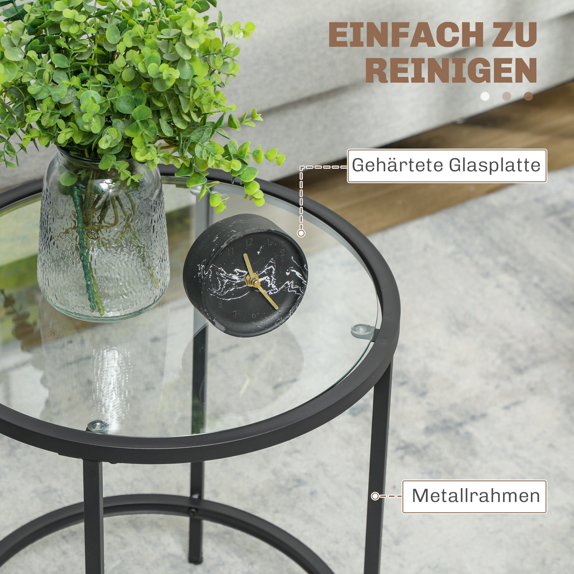 Side Table Round Coffee Table with Glass Tabletop, Metal Frame, End Table, Nightstand for Living Room, Bedroom, Black, Ø48 x 54.7 cm