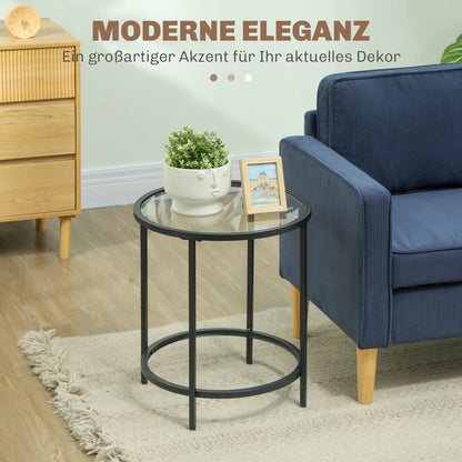 Side Table Round Coffee Table with Glass Tabletop, Metal Frame, End Table, Nightstand for Living Room, Bedroom, Black, Ø48 x 54.7 cm