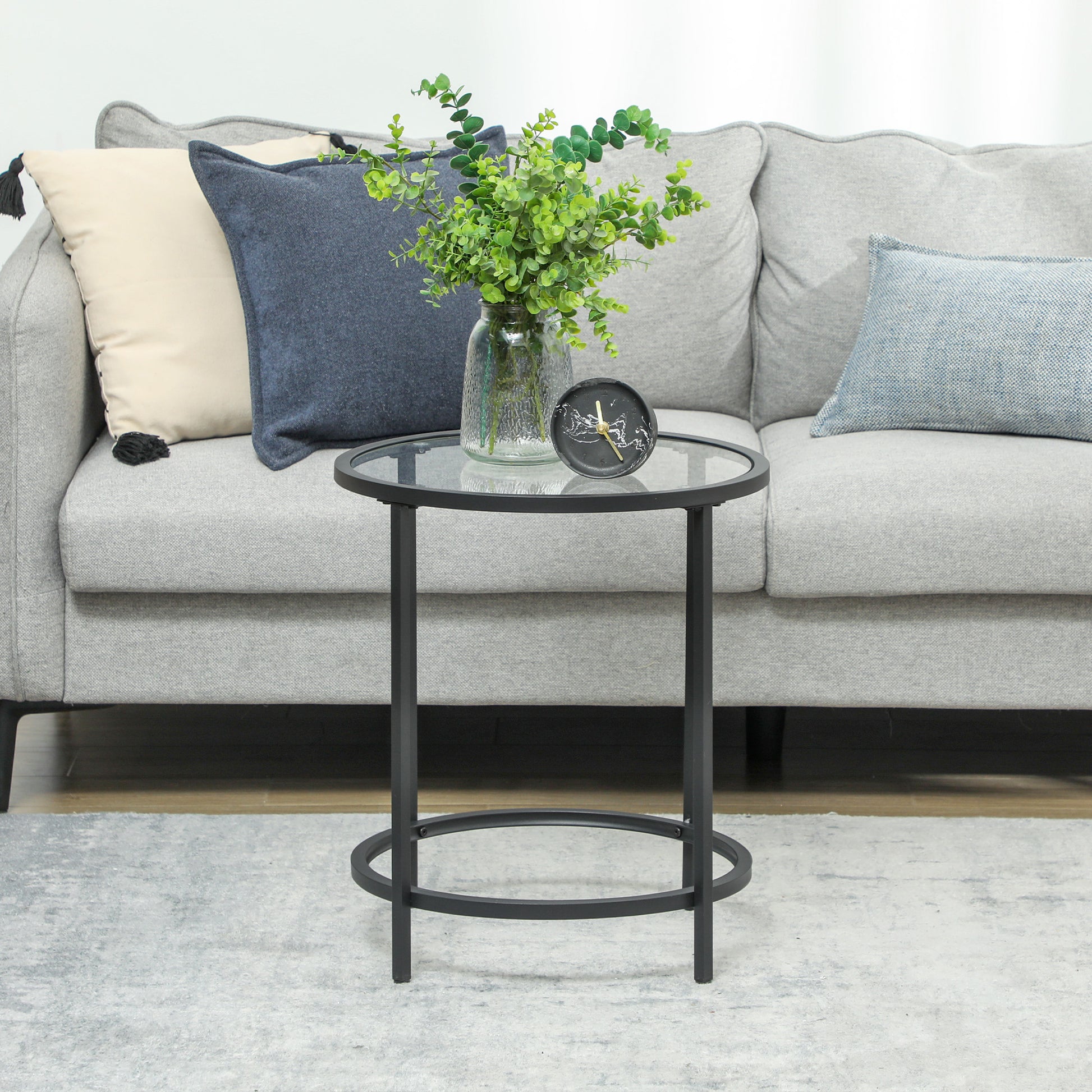 Side Table Round Coffee Table with Glass Tabletop, Metal Frame, End Table, Nightstand for Living Room, Bedroom, Black, Ø48 x 54.7 cm