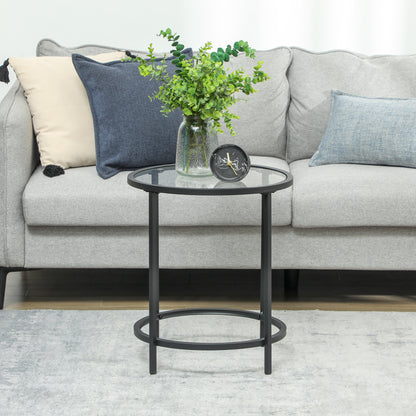 Side Table Round Coffee Table with Glass Tabletop, Metal Frame, End Table, Nightstand for Living Room, Bedroom, Black, Ø48 x 54.7 cm