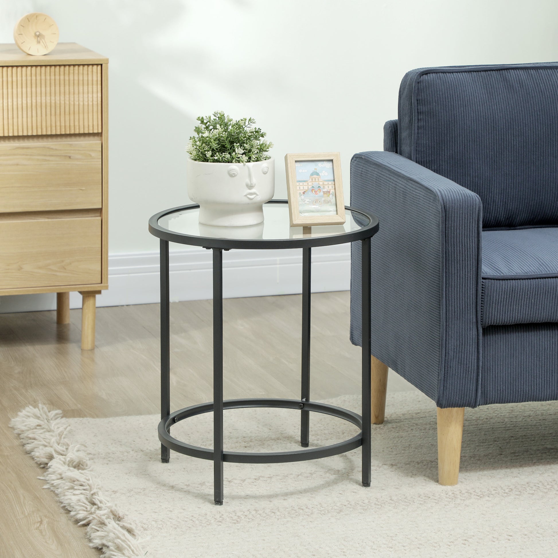 Side Table Round Coffee Table with Glass Tabletop, Metal Frame, End Table, Nightstand for Living Room, Bedroom, Black, Ø48 x 54.7 cm