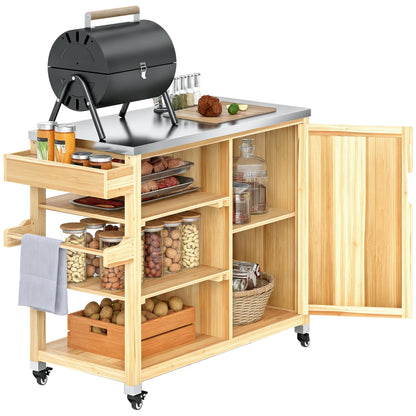 Grill Cart 6-Tier Serving Cart with Work Surface Towel Rack, BBQ Grill Table with Wood, Grill Side Table, Outdoor Trolley, Charcoal Grill for Garden, Patio 134.5x50x91.5cm Natural Wood