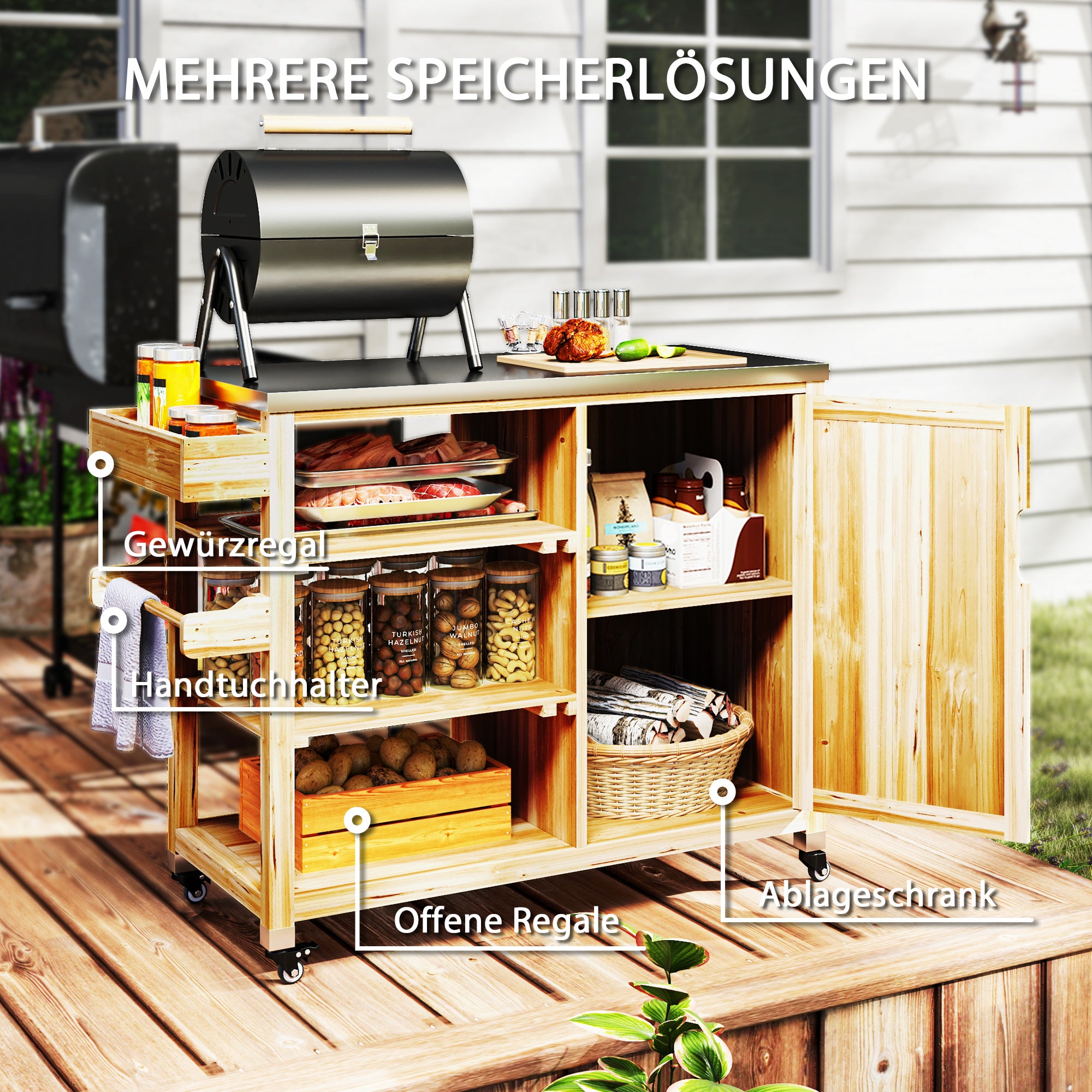 Grill Cart 6-Tier Serving Cart with Work Surface Towel Rack, BBQ Grill Table with Wood, Grill Side Table, Outdoor Trolley, Charcoal Grill for Garden, Patio 134.5x50x91.5cm Natural Wood
