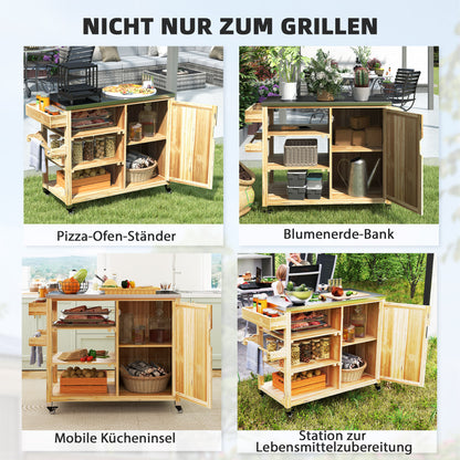 Grill Cart 6-Tier Serving Cart with Work Surface Towel Rack, BBQ Grill Table with Wood, Grill Side Table, Outdoor Trolley, Charcoal Grill for Garden, Patio 134.5x50x91.5cm Natural Wood