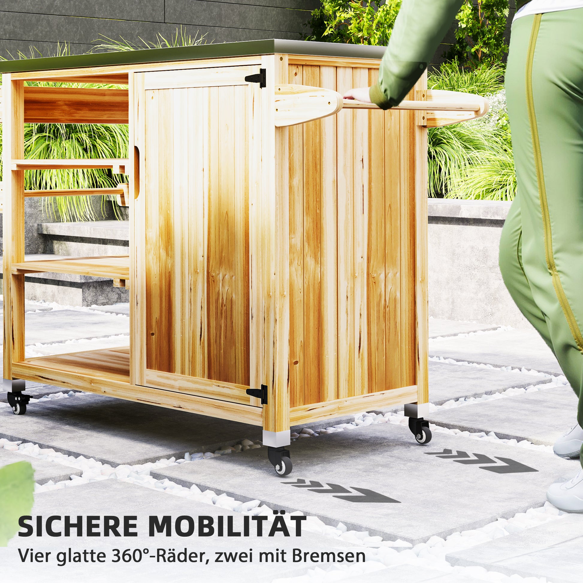 Grill Cart 6-Tier Serving Cart with Work Surface Towel Rack, BBQ Grill Table with Wood, Grill Side Table, Outdoor Trolley, Charcoal Grill for Garden, Patio 134.5x50x91.5cm Natural Wood
