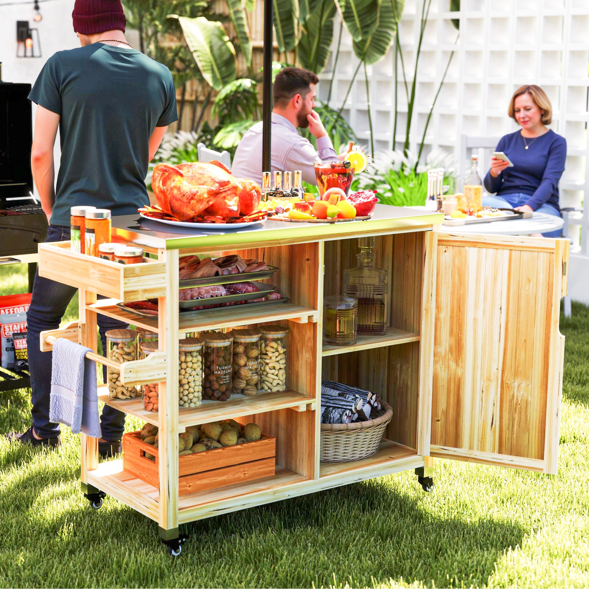 Grill Cart 6-Tier Serving Cart with Work Surface Towel Rack, BBQ Grill Table with Wood, Grill Side Table, Outdoor Trolley, Charcoal Grill for Garden, Patio 134.5x50x91.5cm Natural Wood