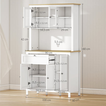 Modern Kitchen Pantry Cupboard Kitchen Storage Cabinet with 5 Doors Adjustable Shelf Drawer and Open Microwave Shelf 100x40x180 cm White