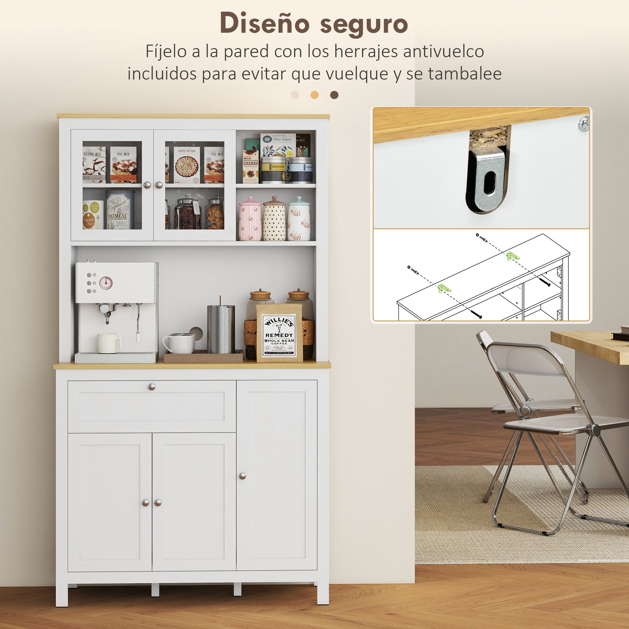 Modern Kitchen Pantry Cupboard Kitchen Storage Cabinet with 5 Doors Adjustable Shelf Drawer and Open Microwave Shelf 100x40x180 cm White