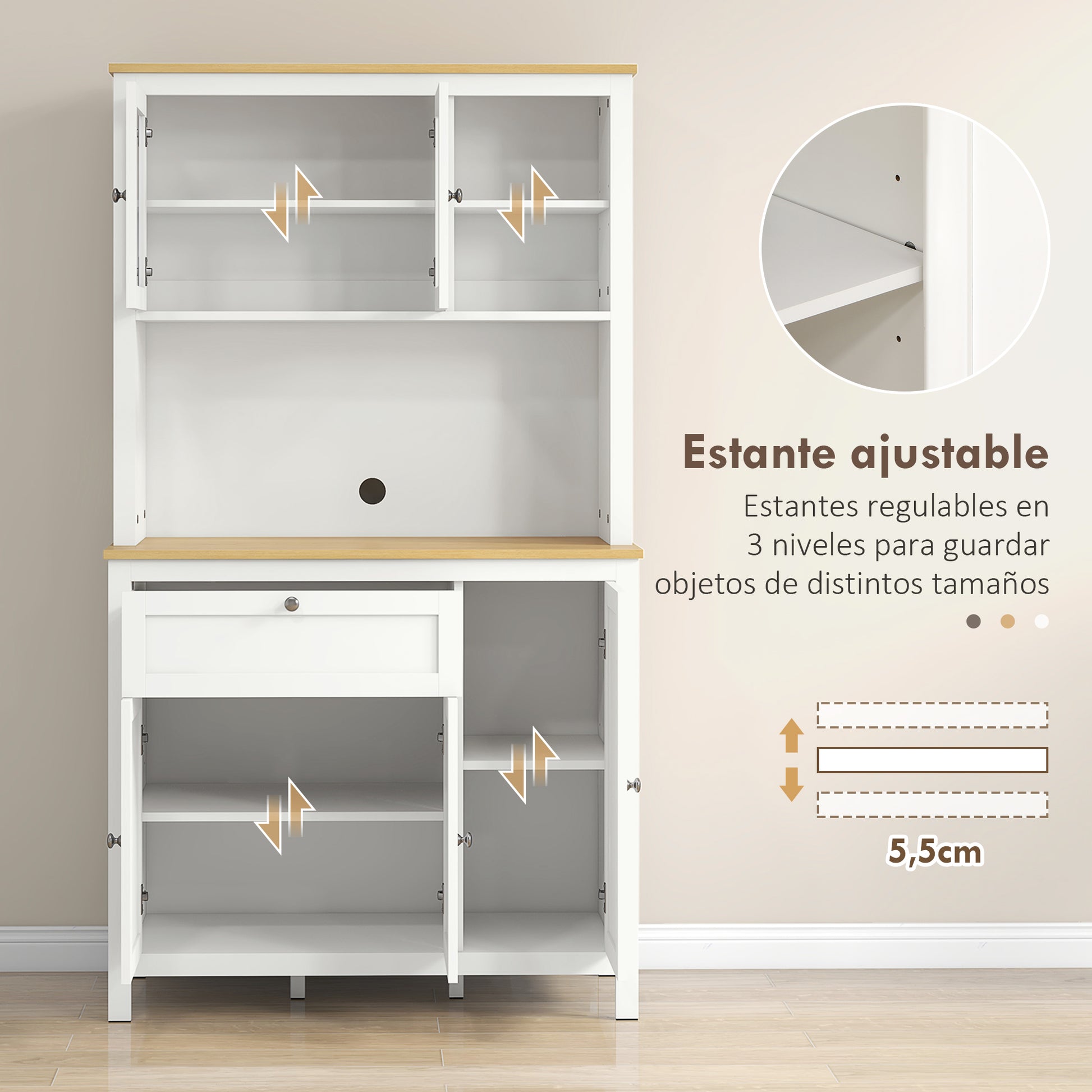 Modern Kitchen Pantry Cupboard Kitchen Storage Cabinet with 5 Doors Adjustable Shelf Drawer and Open Microwave Shelf 100x40x180 cm White