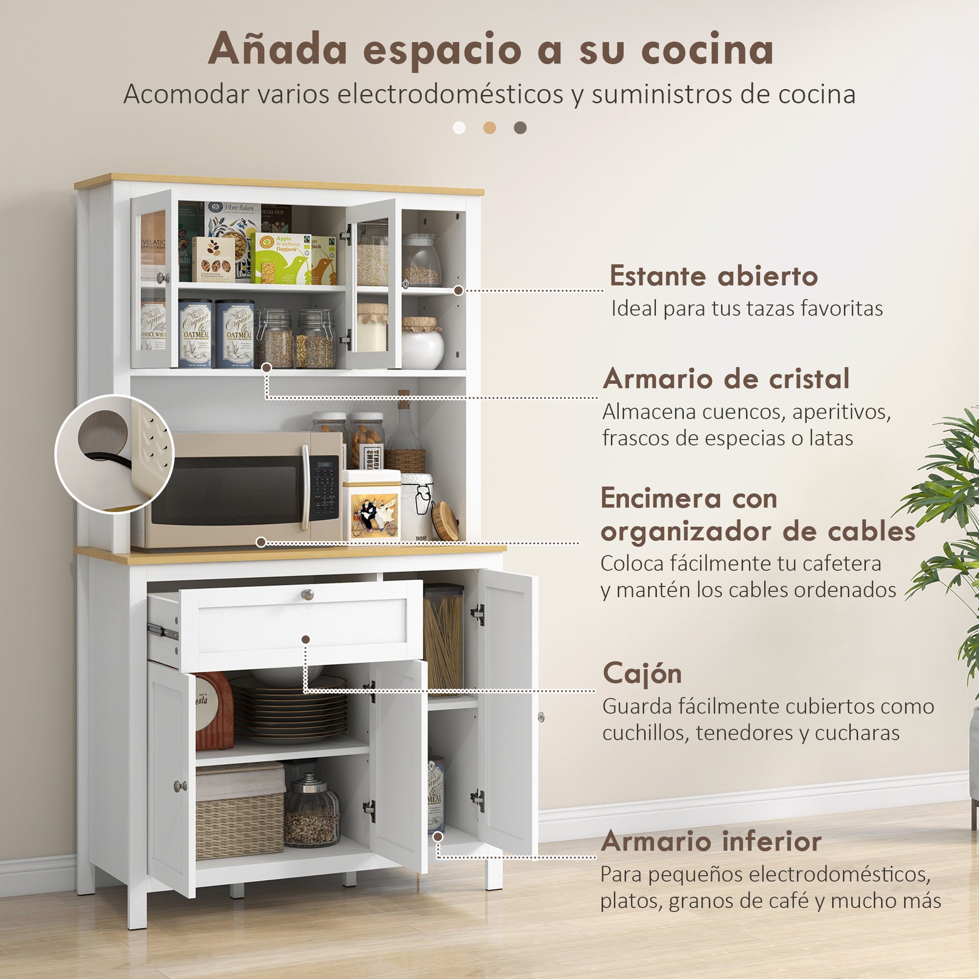 Modern Kitchen Pantry Cupboard Kitchen Storage Cabinet with 5 Doors Adjustable Shelf Drawer and Open Microwave Shelf 100x40x180 cm White