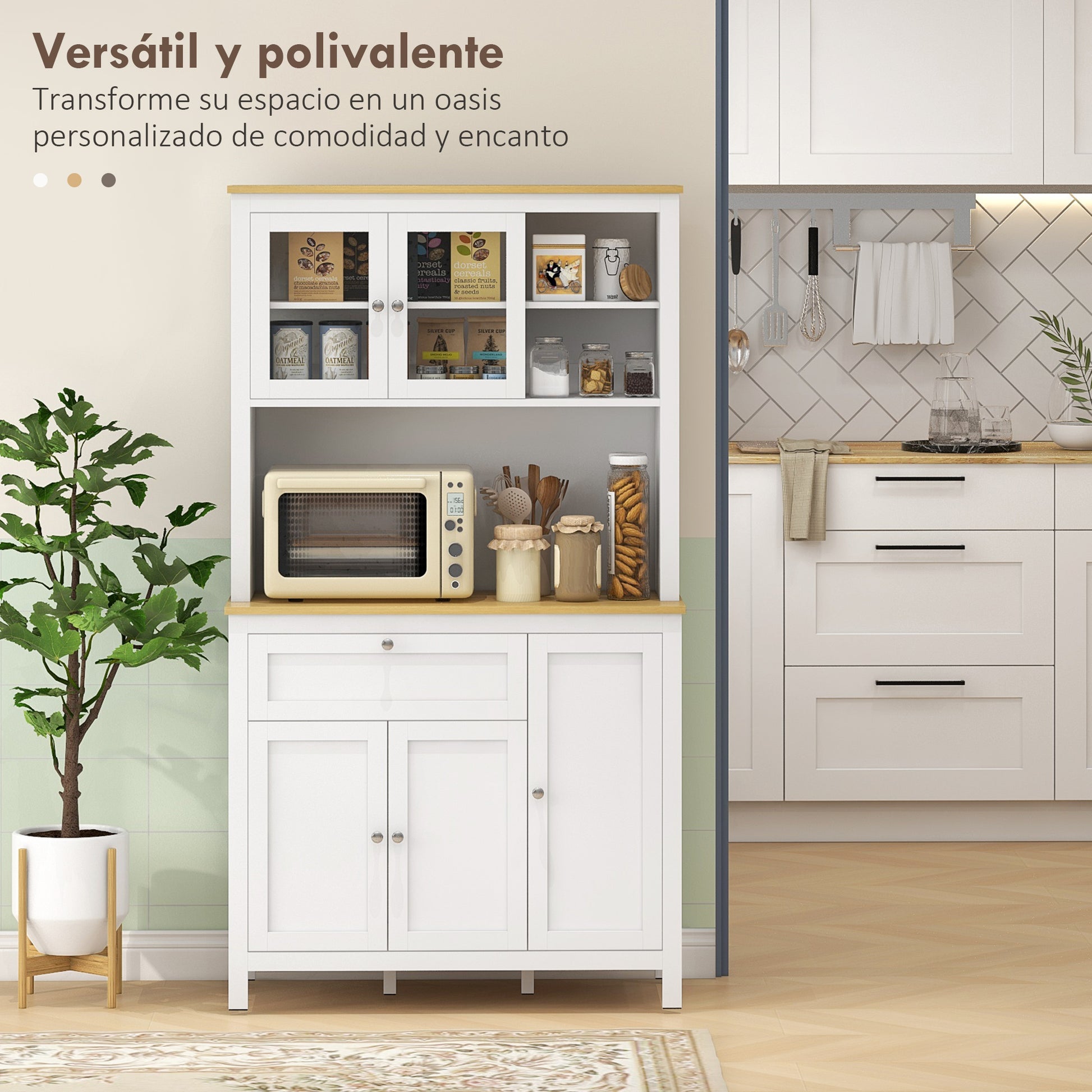 Modern Kitchen Pantry Cupboard Kitchen Storage Cabinet with 5 Doors Adjustable Shelf Drawer and Open Microwave Shelf 100x40x180 cm White