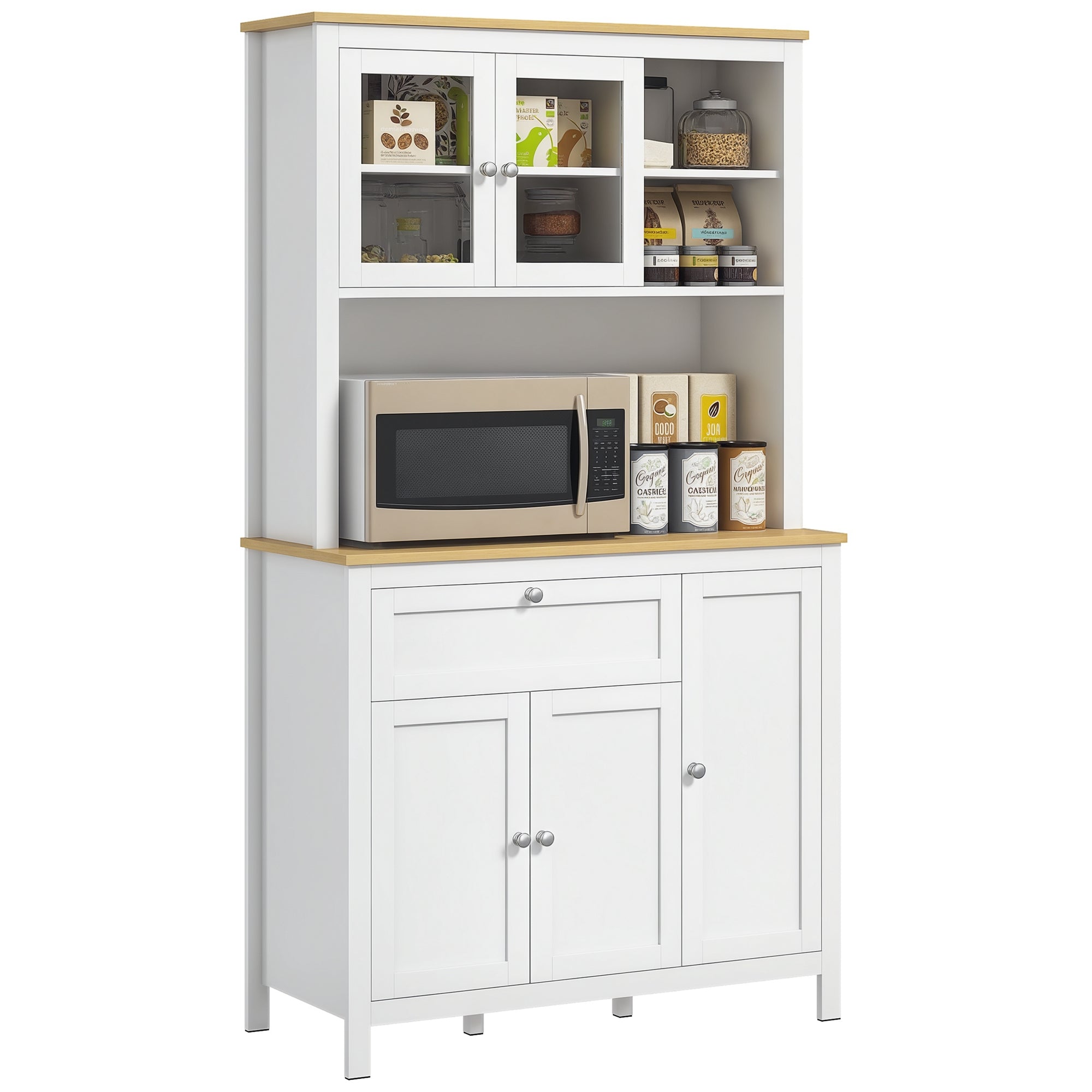 Modern Kitchen Pantry Cupboard Kitchen Storage Cabinet with 5 Doors Adjustable Shelf Drawer and Open Microwave Shelf 100x40x180 cm White