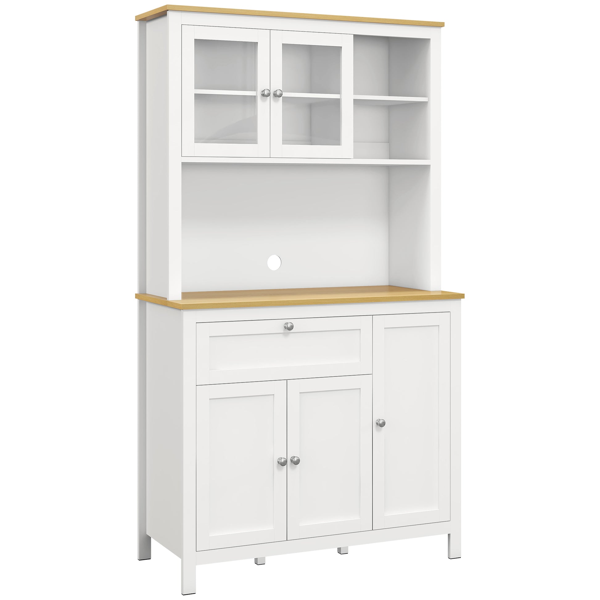 Modern Kitchen Pantry Cupboard Kitchen Storage Cabinet with 5 Doors Adjustable Shelf Drawer and Open Microwave Shelf 100x40x180 cm White