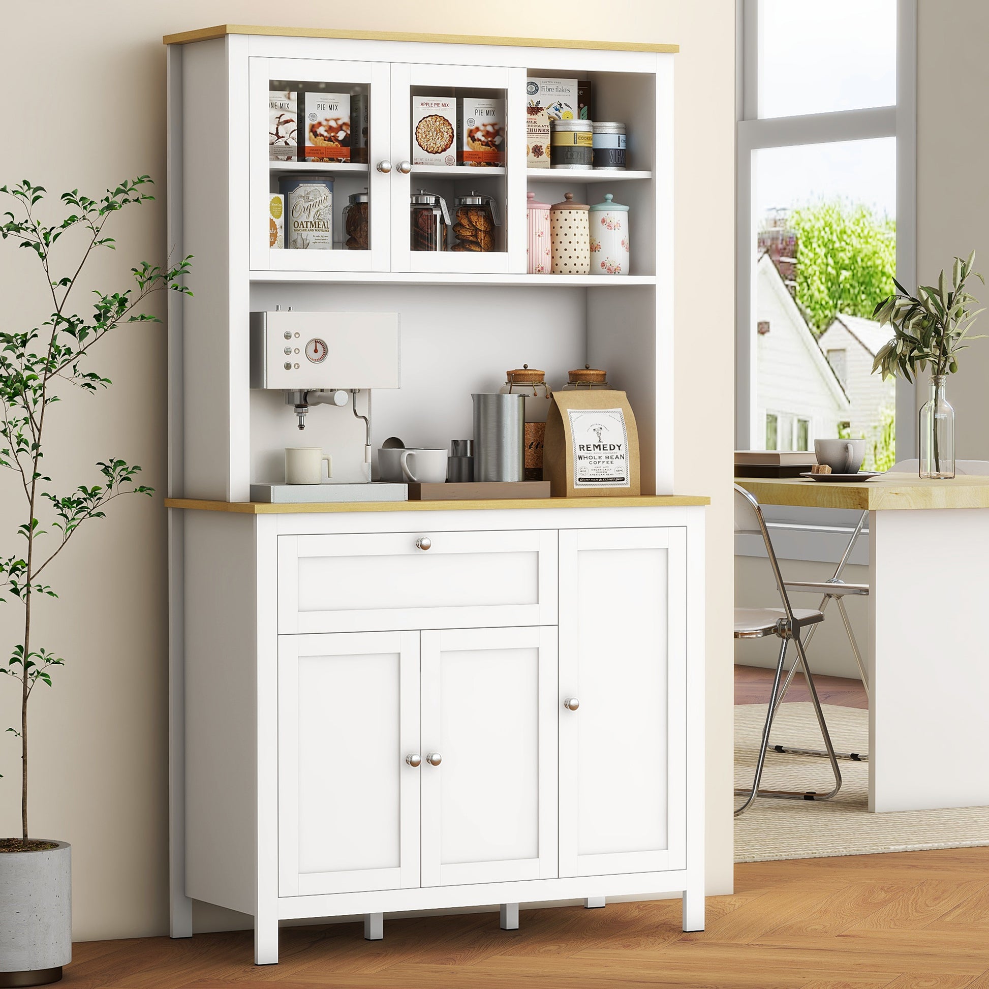 Modern Kitchen Pantry Cupboard Kitchen Storage Cabinet with 5 Doors Adjustable Shelf Drawer and Open Microwave Shelf 100x40x180 cm White