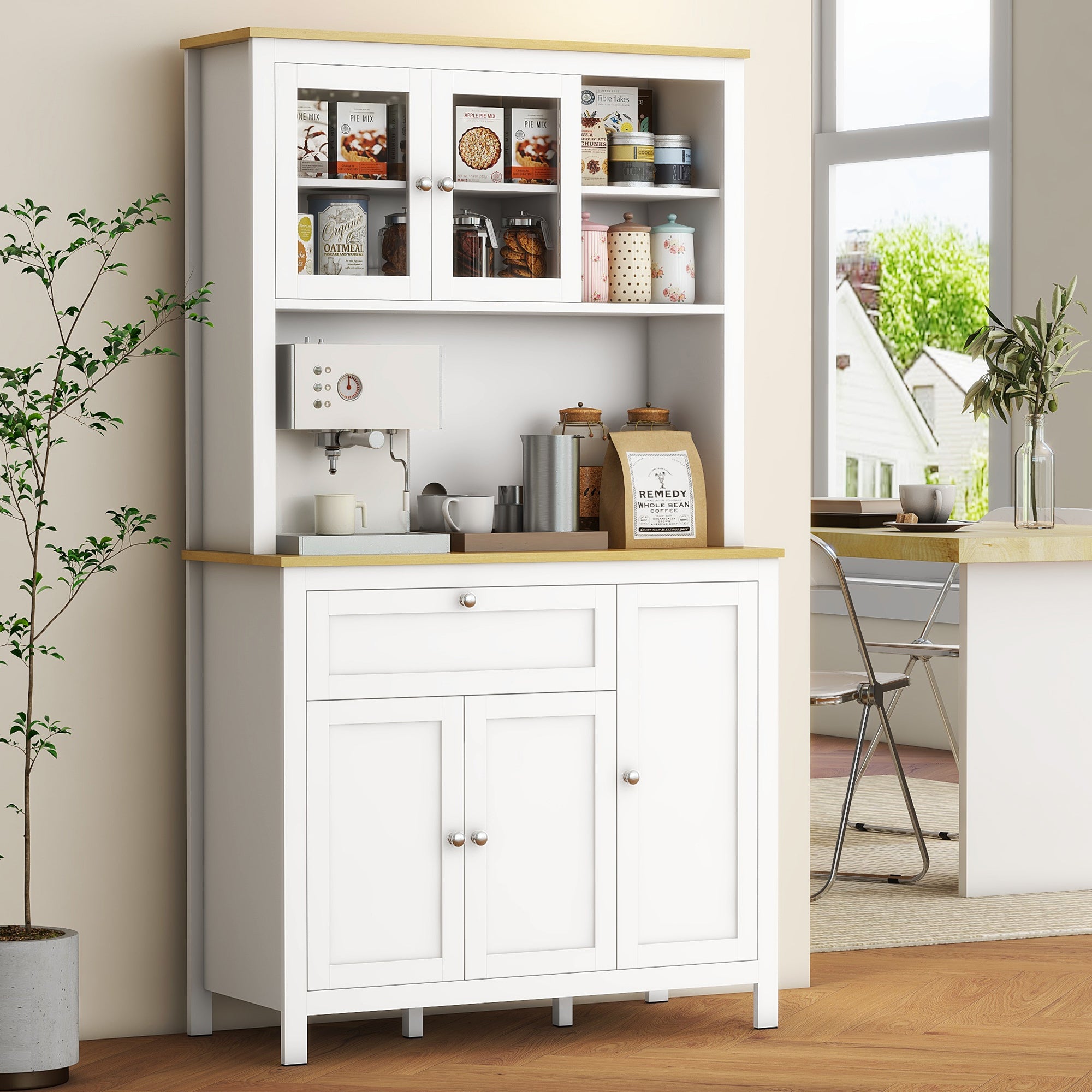 Modern Kitchen Pantry Cupboard Kitchen Storage Cabinet with 5 Doors Adjustable Shelf Drawer and Open Microwave Shelf 100x40x180 cm White