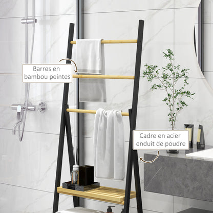 Folding Floor Standing Towel Rack Bathroom Towel Holder with 3 Hanging Bars and 3 Bamboo Shelves Black Metal Frame