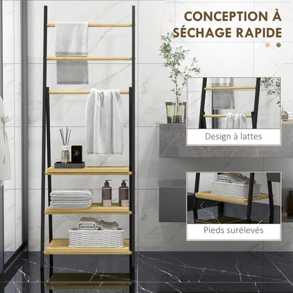 Folding Floor Standing Towel Rack Bathroom Towel Holder with 3 Hanging Bars and 3 Bamboo Shelves Black Metal Frame