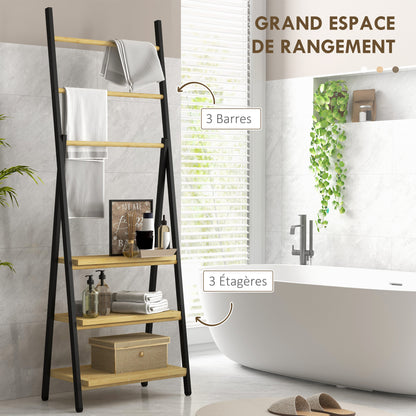 Folding Floor Standing Towel Rack Bathroom Towel Holder with 3 Hanging Bars and 3 Bamboo Shelves Black Metal Frame