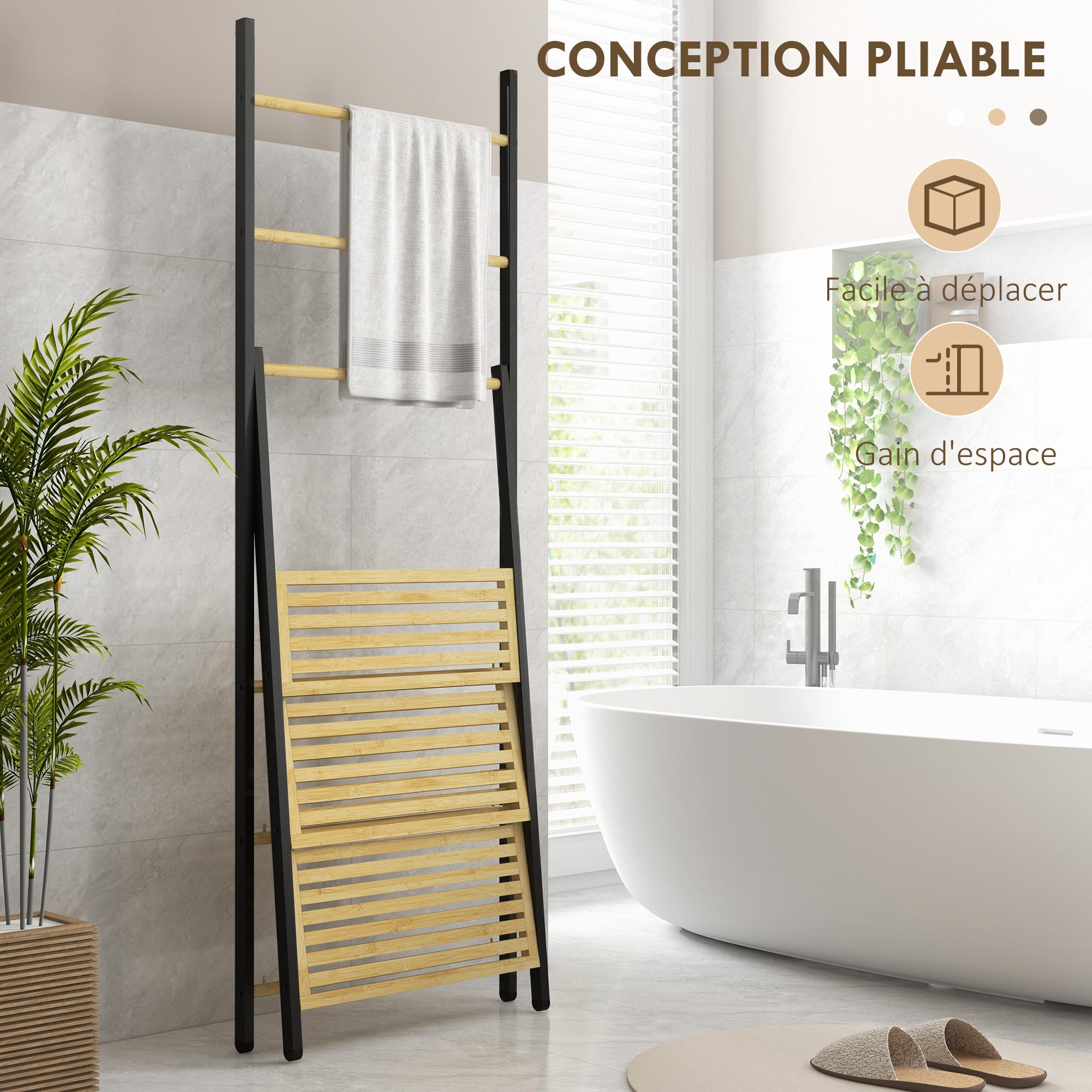 Folding Floor Standing Towel Rack Bathroom Towel Holder with 3 Hanging Bars and 3 Bamboo Shelves Black Metal Frame